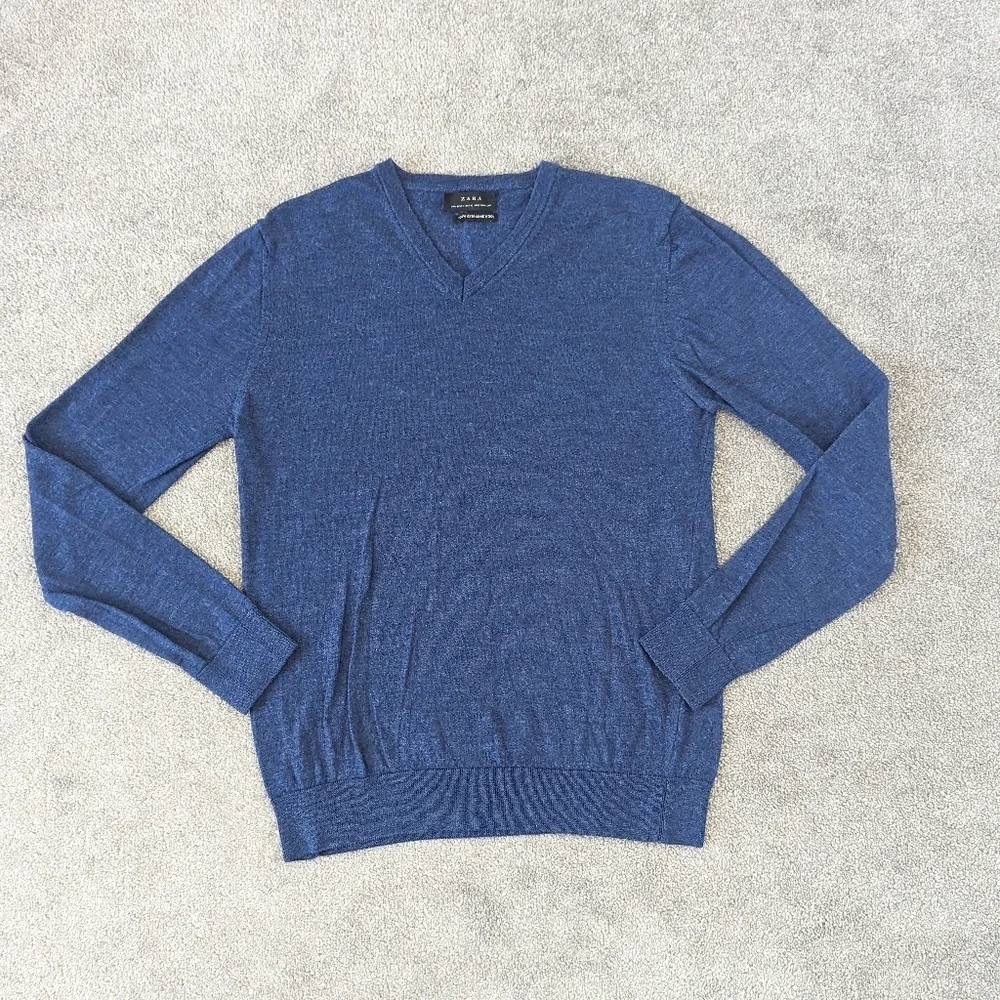 Zara Wool Blue V-neck Sweater Women's Large - Picture 1 of 8